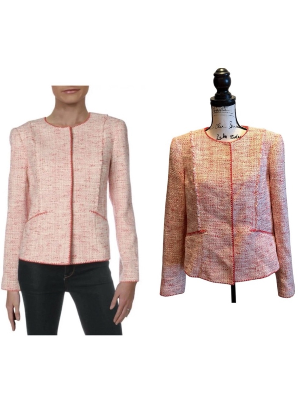 Elie Tahari Alianna Tweed Fringe Blazer Jacket Red White Size Large Womens